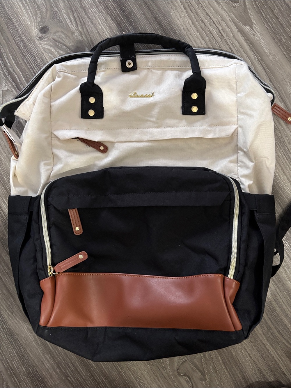 Canvas Two-Tone Black & White Backpack with Brown Trim